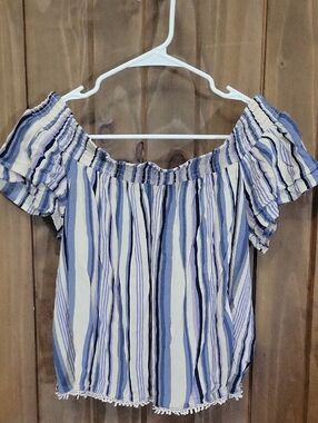 Xhilaration Blue & White Striped Off-Shoulder Crop Top
